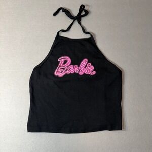 Barbie Neon Pink Logo Graphic Halter Crop Top Black Large Mattel